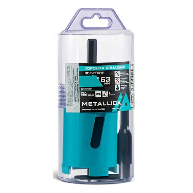 Коронка алмазная METALLICA Optima 72x63 мм, М16, с хвостовиками HEX, SDS-plus, по бетону, в тубе