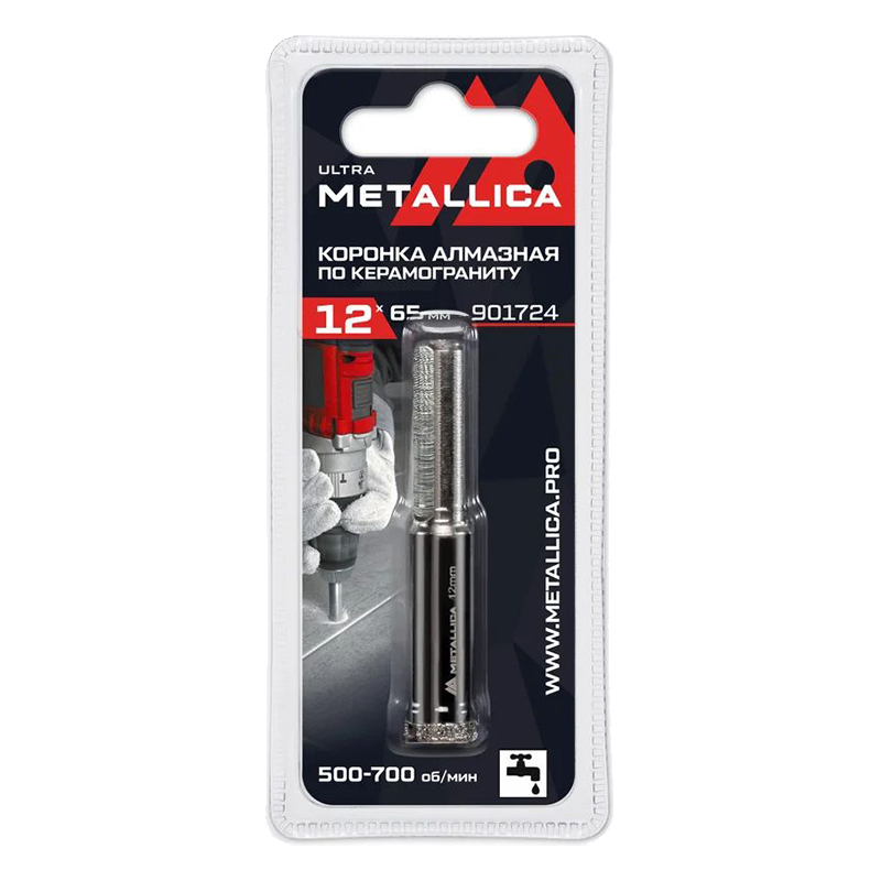 Коронка алмазная METALLICA Ultra 12x65 мм, #60, по керамограниту, плитке, в блистере.